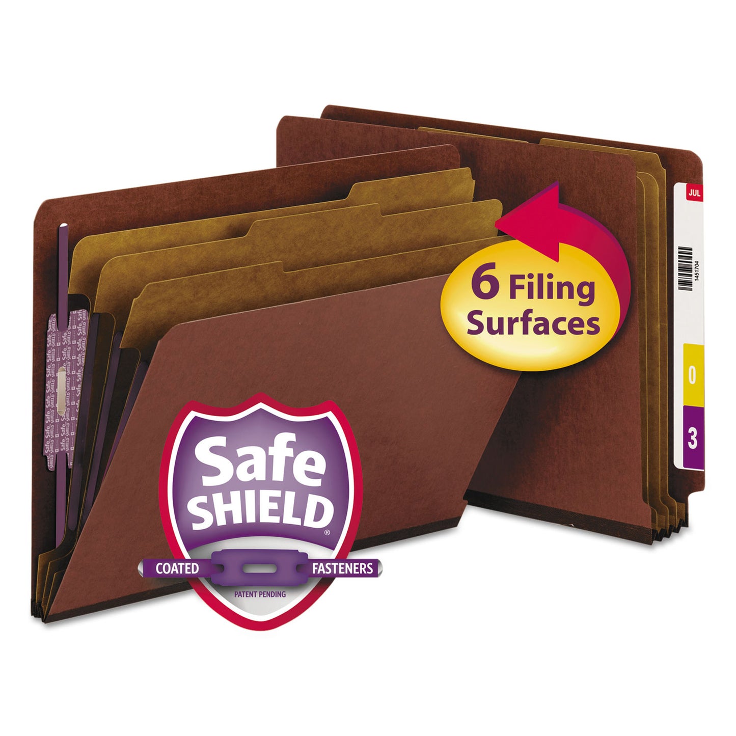 Smead End Tab Pressboard Classification Folders, Eight SafeSHIELD Fasteners, 3" Expansion, 3 Dividers, Letter Size, Red, 10/Box (26865)