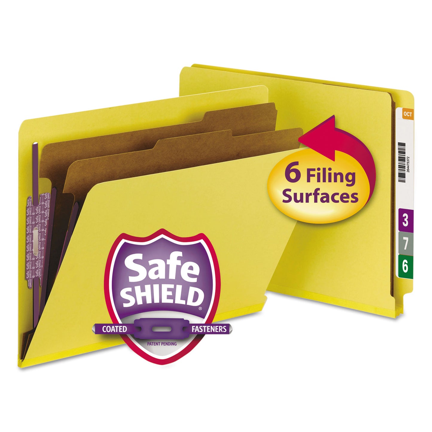 Smead End Tab Pressboard Classification Folders, Six SafeSHIELD Fasteners, 2" Expansion, 2 Dividers, Letter Size, Yellow, 10/Box (26789)