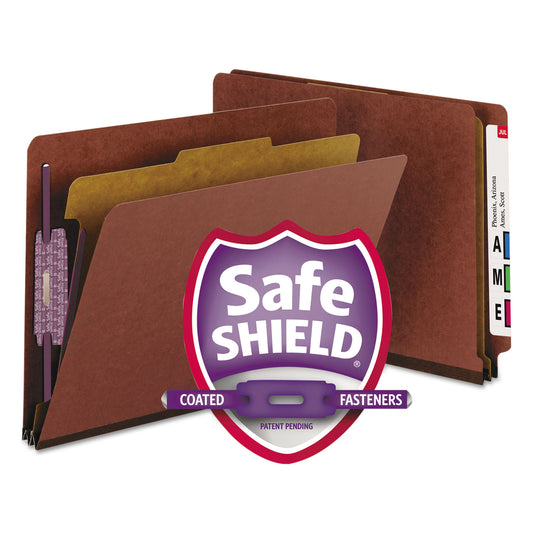 Smead End Tab Pressboard Classification Folders, Four SafeSHIELD Fasteners, 2" Expansion, 1 Divider, Letter Size, Red, 10/Box (26855)