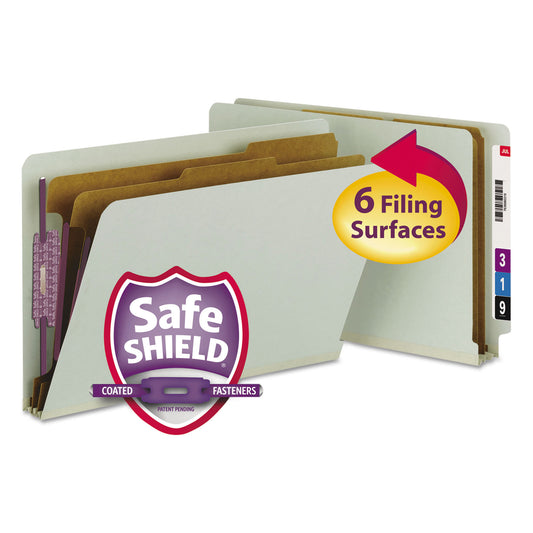 Smead End Tab Pressboard Classification Folders, Six SafeSHIELD Fasteners, 2" Expansion, 2 Dividers, Legal Size, Gray-Green, 10/Box (29810)