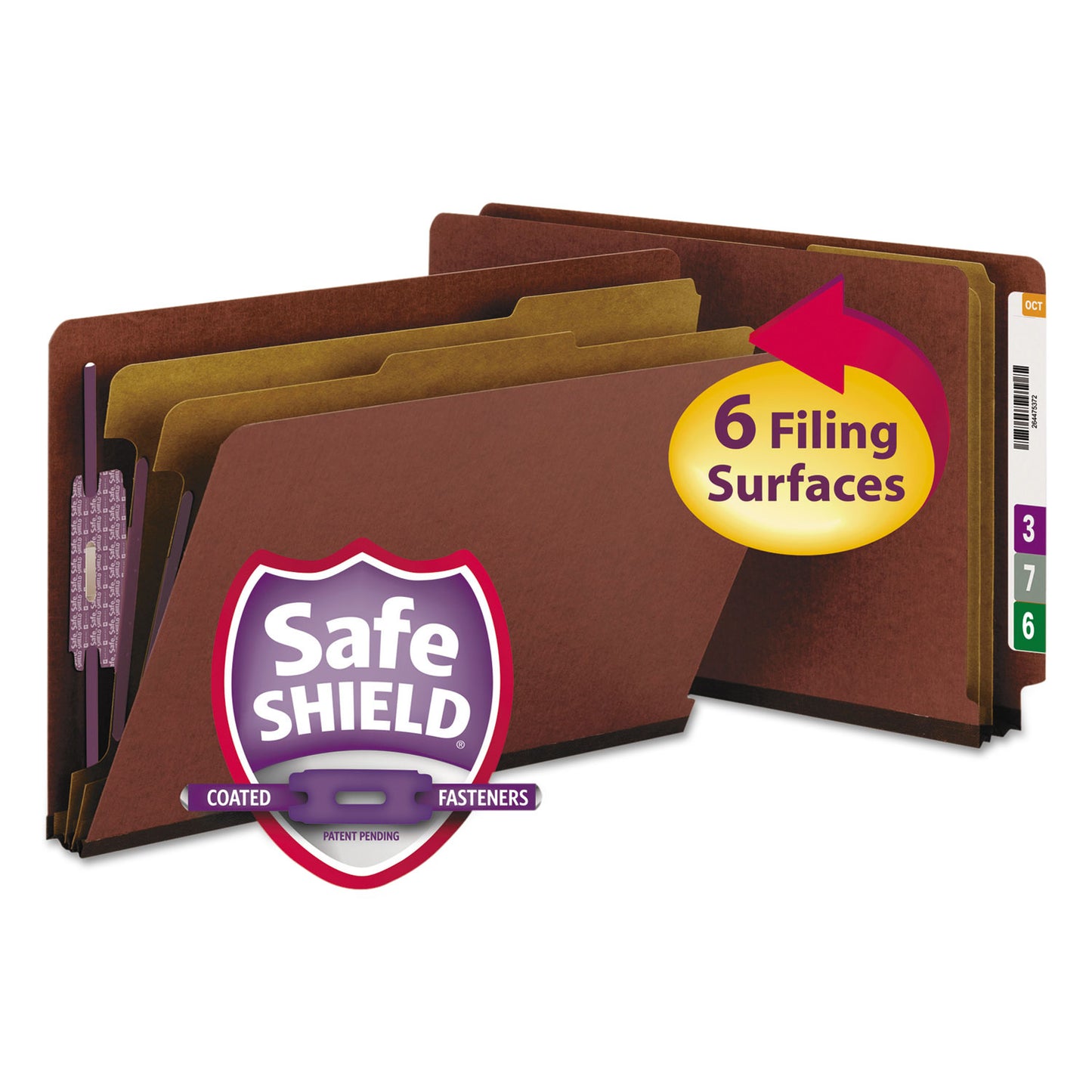 Smead End Tab Pressboard Classification Folders, Six SafeSHIELD Fasteners, 2" Expansion, 2 Dividers, Legal Size, Red, 10/Box (29860)