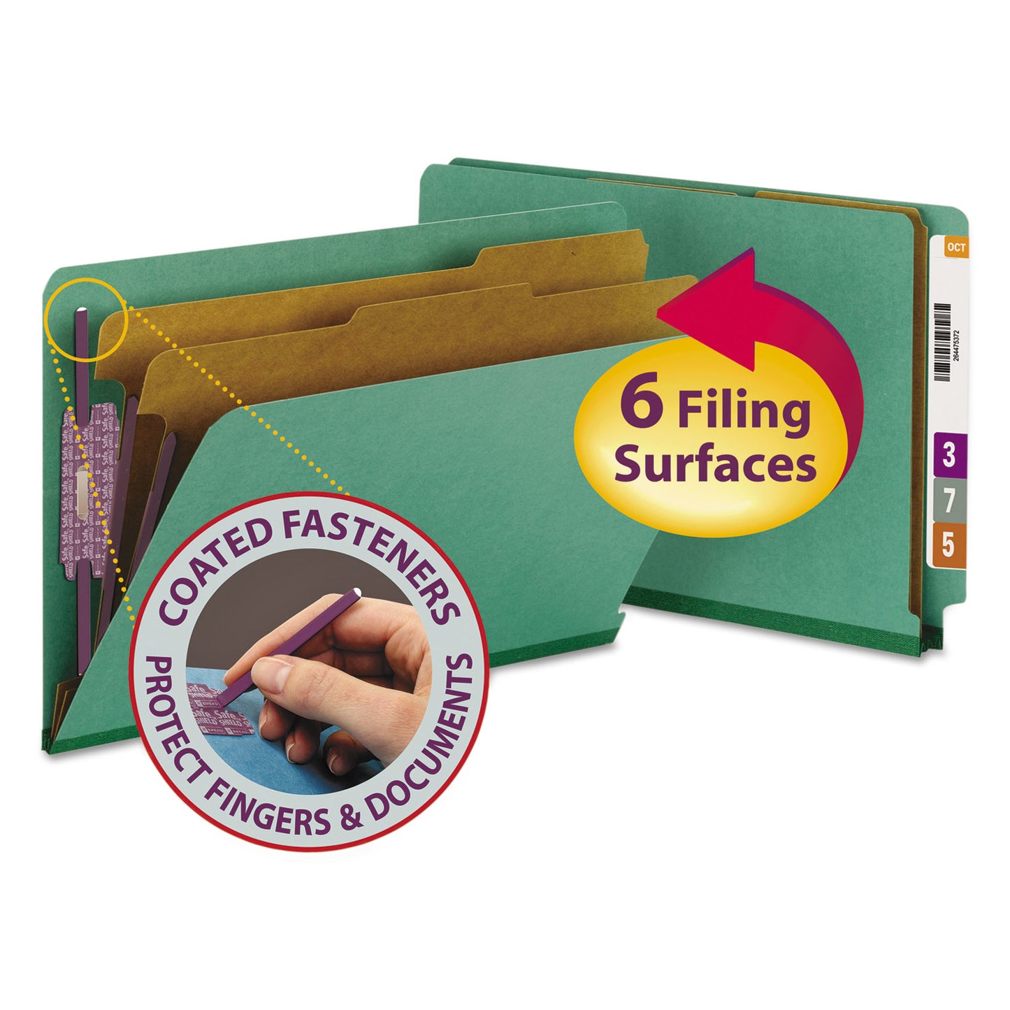 Smead End Tab Pressboard Classification Folders, Six SafeSHIELD Fasteners, 2" Expansion, 2 Dividers, Legal Size, Green, 10/Box (29785)