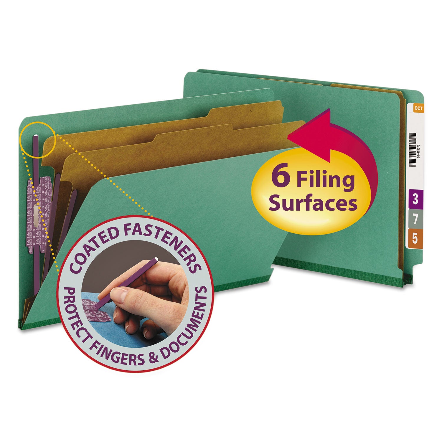 Smead End Tab Pressboard Classification Folders, Six SafeSHIELD Fasteners, 2" Expansion, 2 Dividers, Legal Size, Green, 10/Box (29785)
