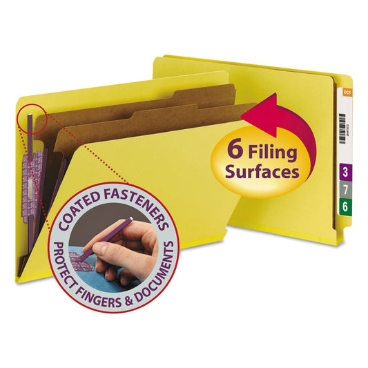 Smead End Tab Pressboard Classification Folders, Six SafeSHIELD Fasteners, 2" Expansion, 2 Dividers, Legal Size, Yellow, 10/Box (29789)