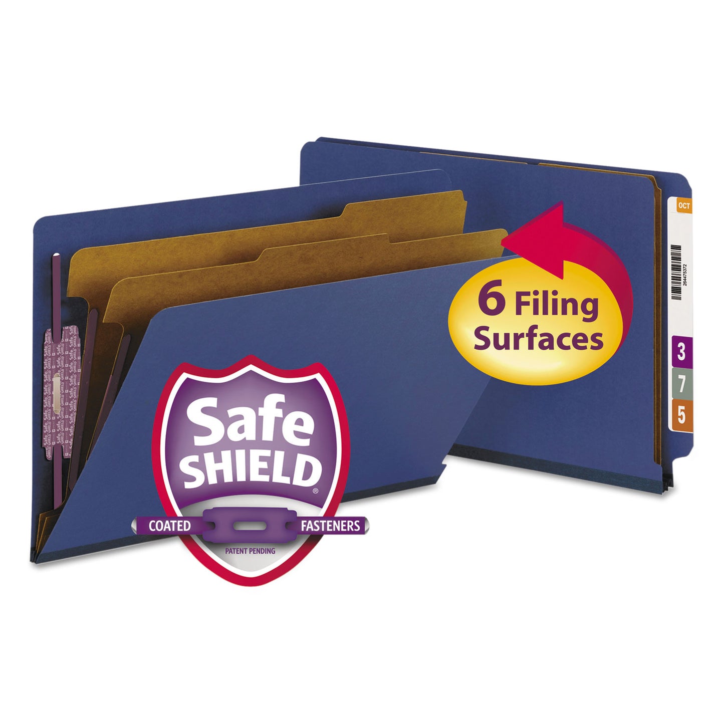 Smead End Tab Pressboard Classification Folders, Six SafeSHIELD Fasteners, 2" Expansion, 2 Dividers, Legal Size, Dark Blue, 10/Box (29784)