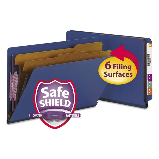 Smead End Tab Pressboard Classification Folders, Six SafeSHIELD Fasteners, 2" Expansion, 2 Dividers, Legal Size, Dark Blue, 10/Box (29784)