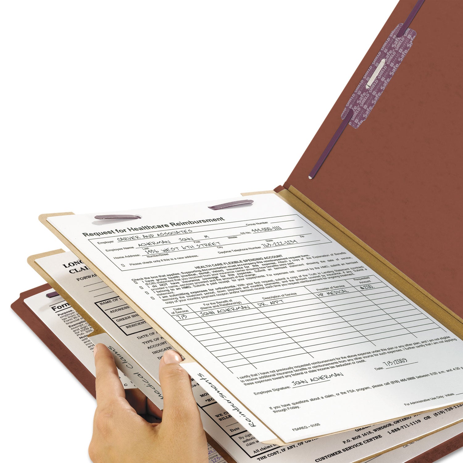 Smead End Tab Pressboard Classification Folders, Six SafeSHIELD Fasteners, 2" Expansion, 2 Dividers, Legal Size, Red, 10/Box (29860)