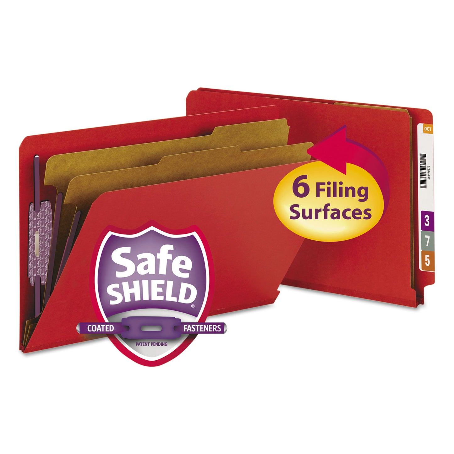 Smead End Tab Pressboard Classification Folders, Six SafeSHIELD Fasteners, 2" Expansion, 2 Dividers, Legal Size, Bright Red, 10/Box (29783)