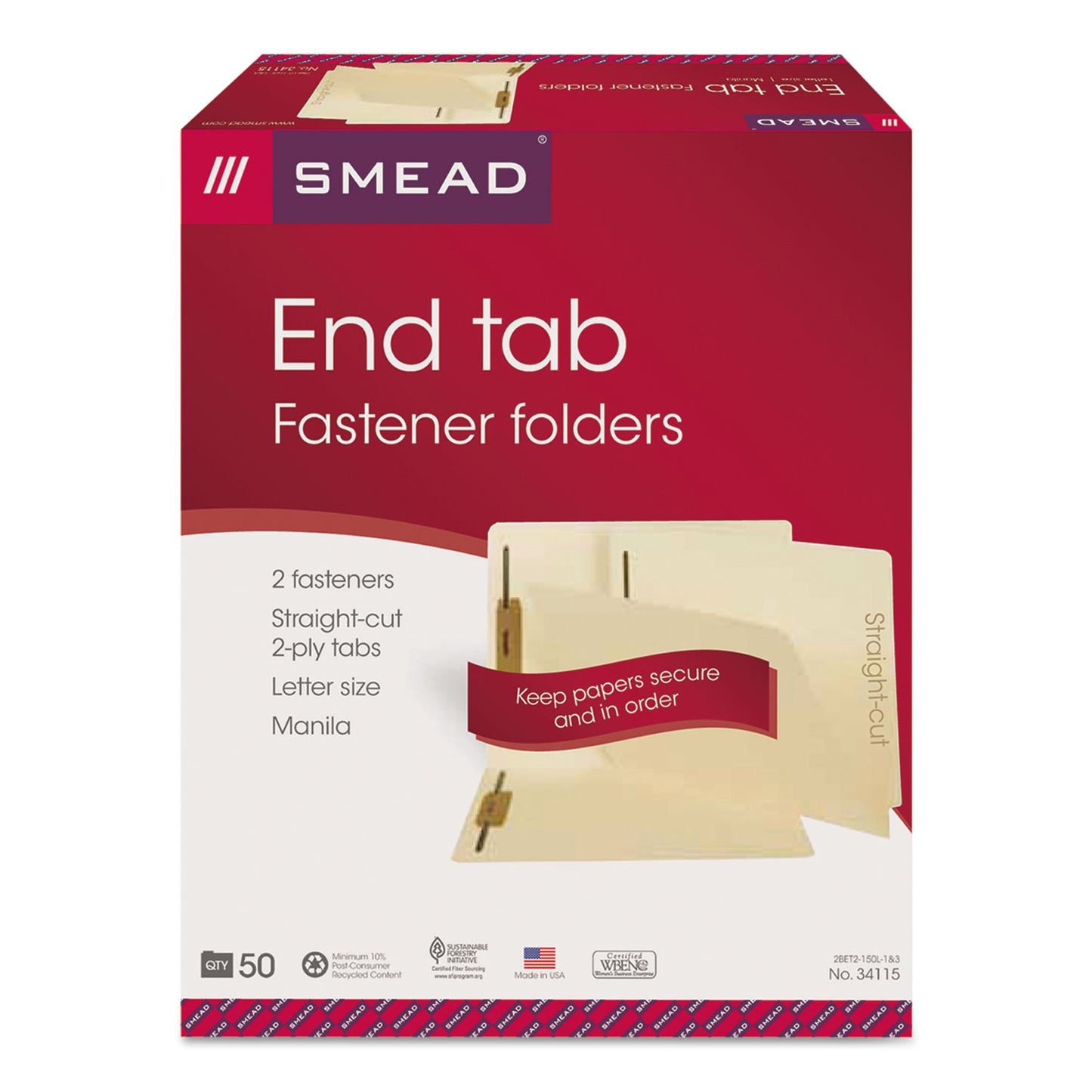 Smead End Tab Fastener Folders with Reinforced Straight Tabs, 11-pt Manila, 2 Fasteners, Letter Size, Manila Exterior, 50/Box (34115)
