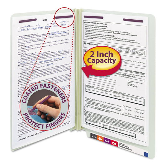 Smead End Tab Pressboard Classification Folders, Two SafeSHIELD Coated Fasteners, 2" Expansion, Legal Size, Gray-Green, 25/Box (37715)