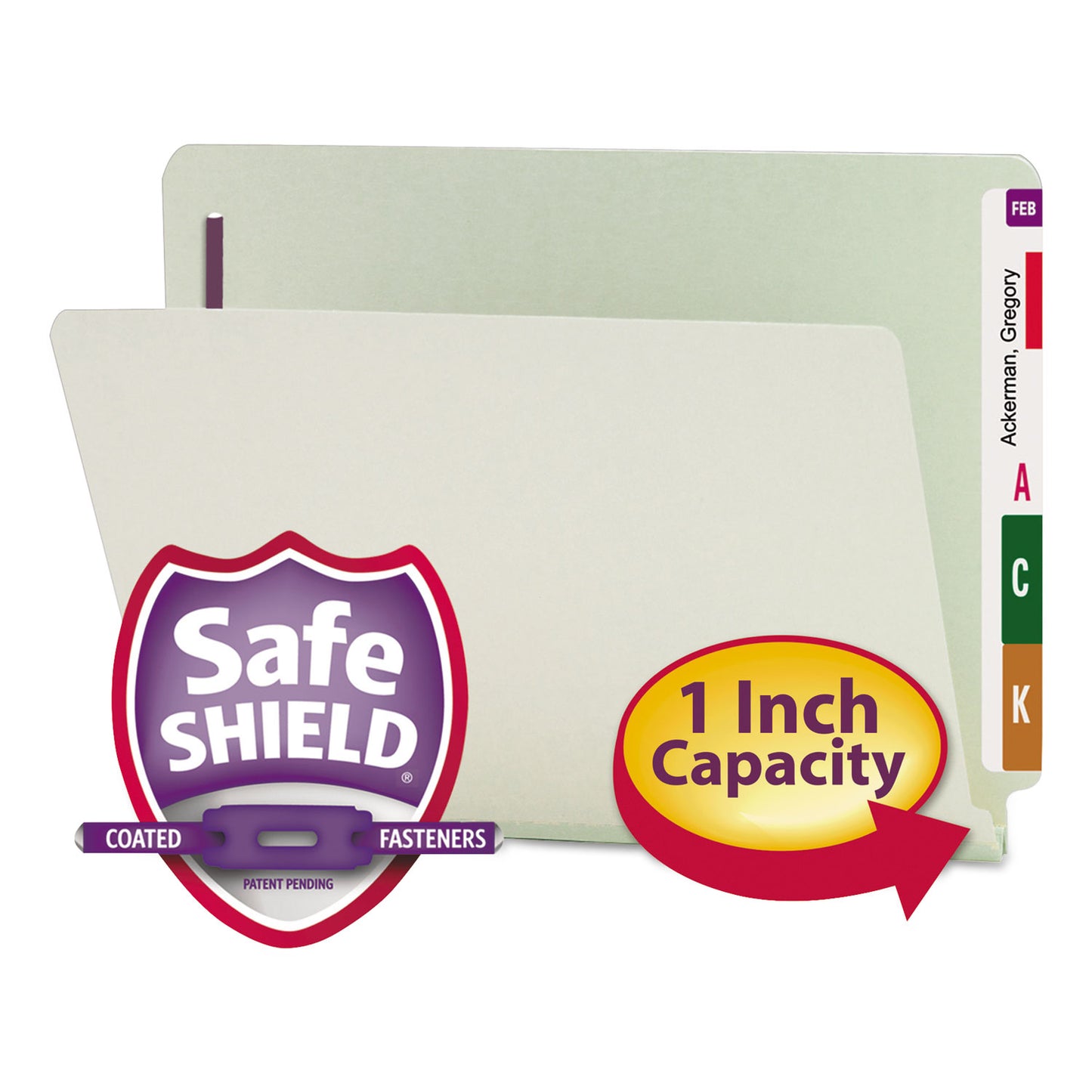 Smead End Tab Pressboard Classification Folders, Two SafeSHIELD Coated Fasteners, 1" Expansion, Letter Size, Gray-Green, 25/Box (34705)