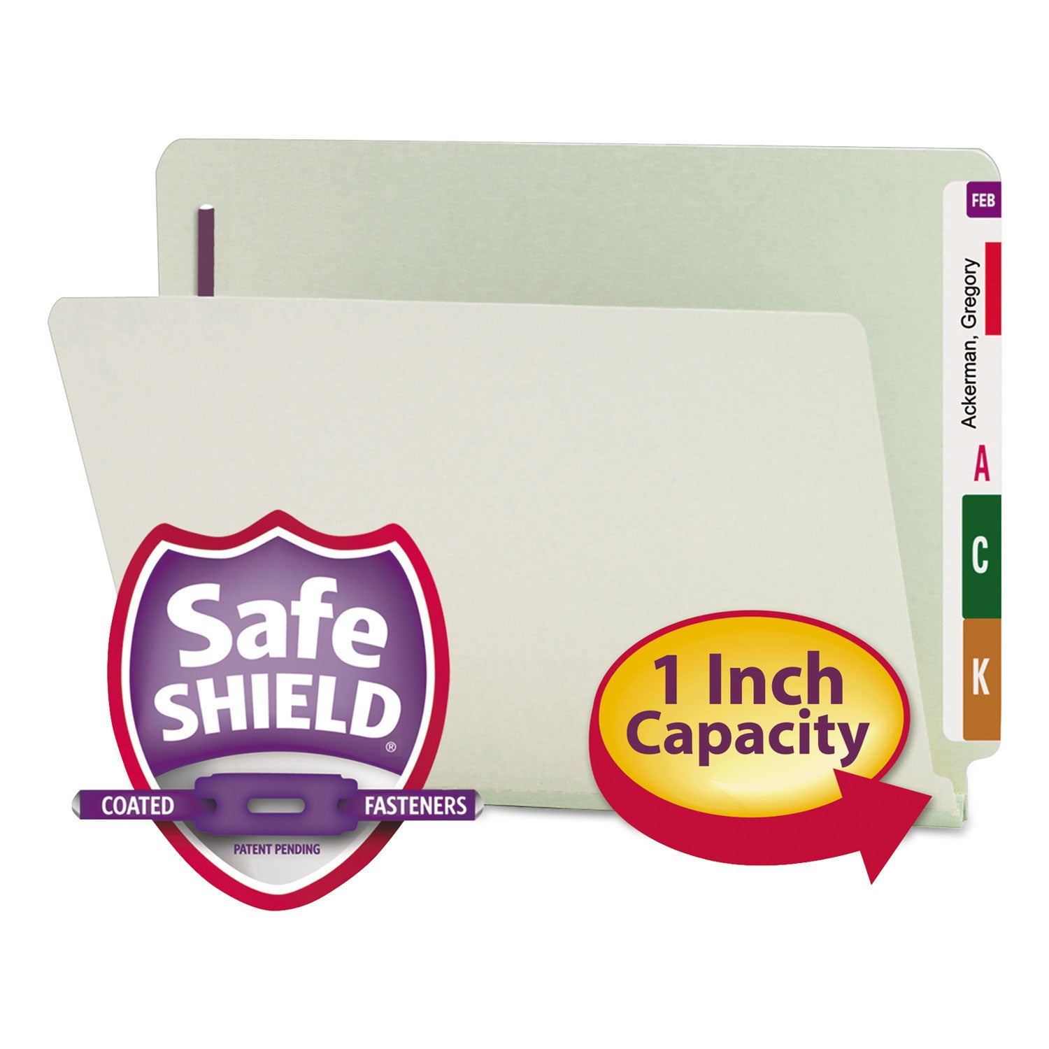 Smead End Tab Pressboard Classification Folders, Two SafeSHIELD Coated Fasteners, 1" Expansion, Letter Size, Gray-Green, 25/Box (34705)