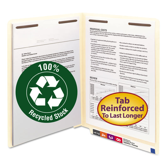 Smead Recycled Manila End Tab Fastener Folders, 0.75" Expansion, 2 Fasteners, Letter Size, Manila Exterior, 50/Box (34160)