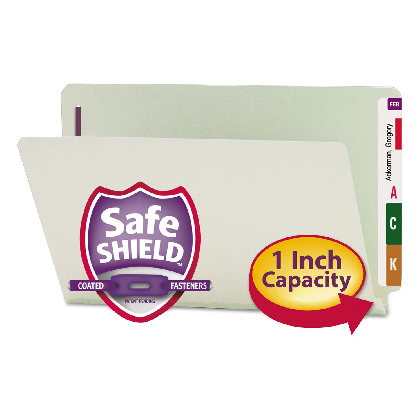 Smead End Tab Pressboard Classification Folders, Two SafeSHIELD Coated Fasteners, 1" Expansion, Legal Size, Gray-Green, 25/Box (37705)