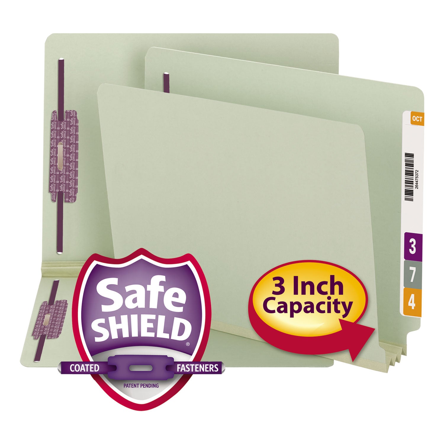 Smead End Tab Pressboard Classification Folders, Two SafeSHIELD Coated Fasteners, 3" Expansion, Letter Size, Gray-Green, 25/Box (34725)