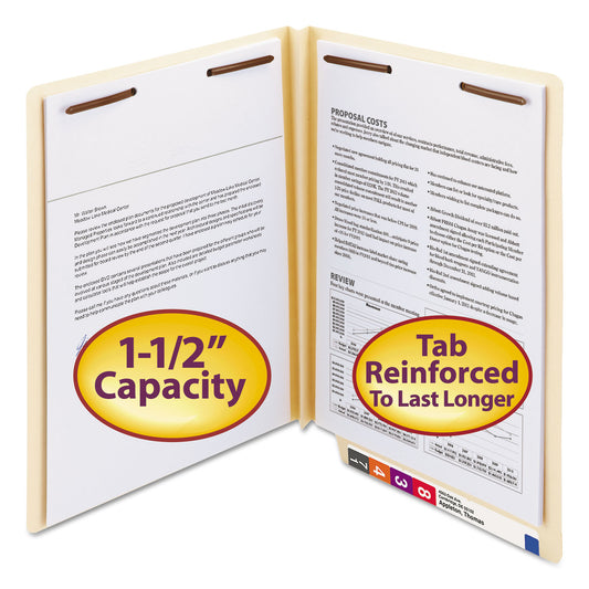 Smead End Tab W-Fold Fastener Folders with Reinforced Tabs, 1.5" Expansion, 2 Fasteners, Letter Size, Manila, 50/Box (34276)