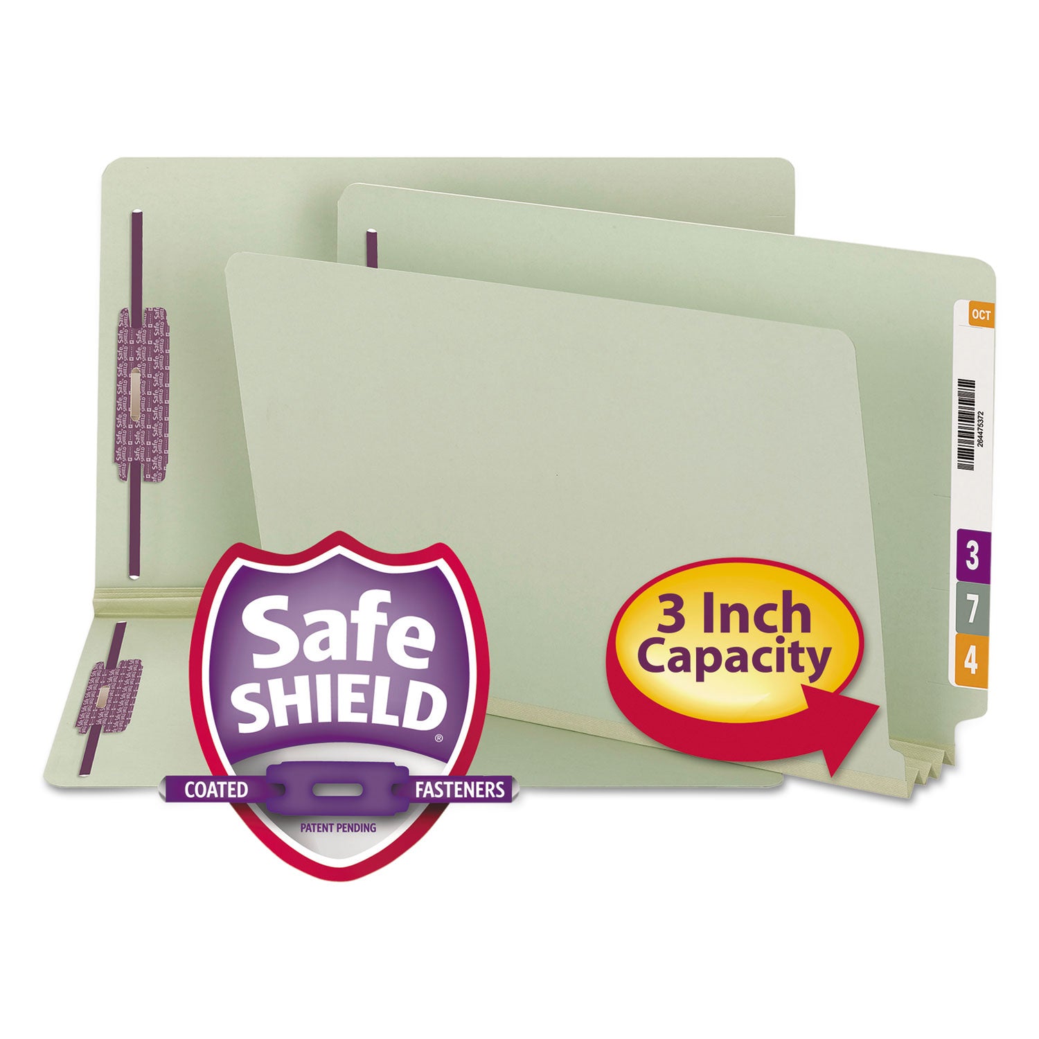 Smead End Tab Pressboard Classification Folders, Two SafeSHIELD Coated Fasteners, 3" Expansion, Legal Size, Gray-Green, 25/Box (37725)