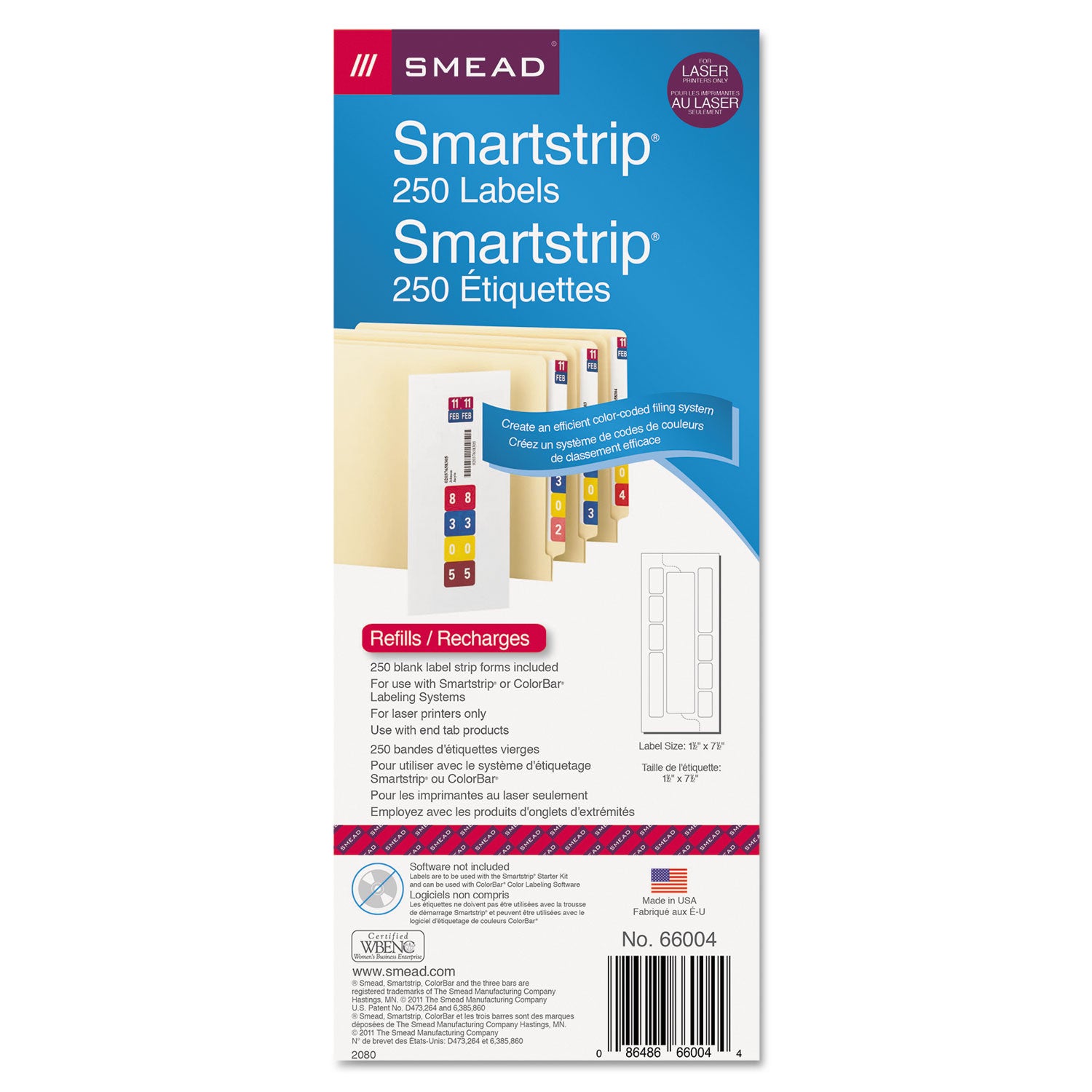 Smead Color-Coded Smartstrip Refill Label Forms, Laser Printer, Assorted, 1.5 x 7.5, White, 250/Pack (66004)