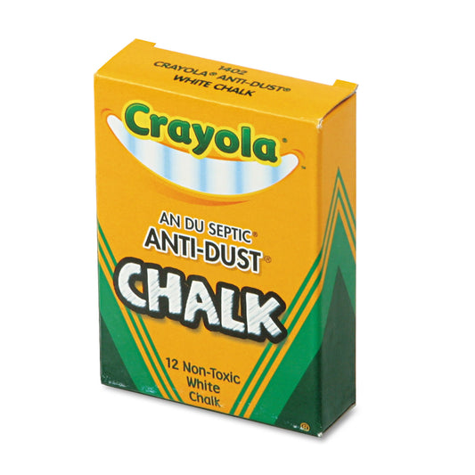 Crayola Nontoxic Anti-Dust Chalk, 3" x 0.31" Diameter, White, 12 Sticks/Box (501402)