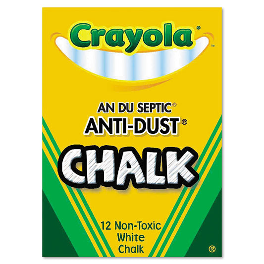 Crayola Nontoxic Anti-Dust Chalk, 3" x 0.31" Diameter, White, 12 Sticks/Box (501402)