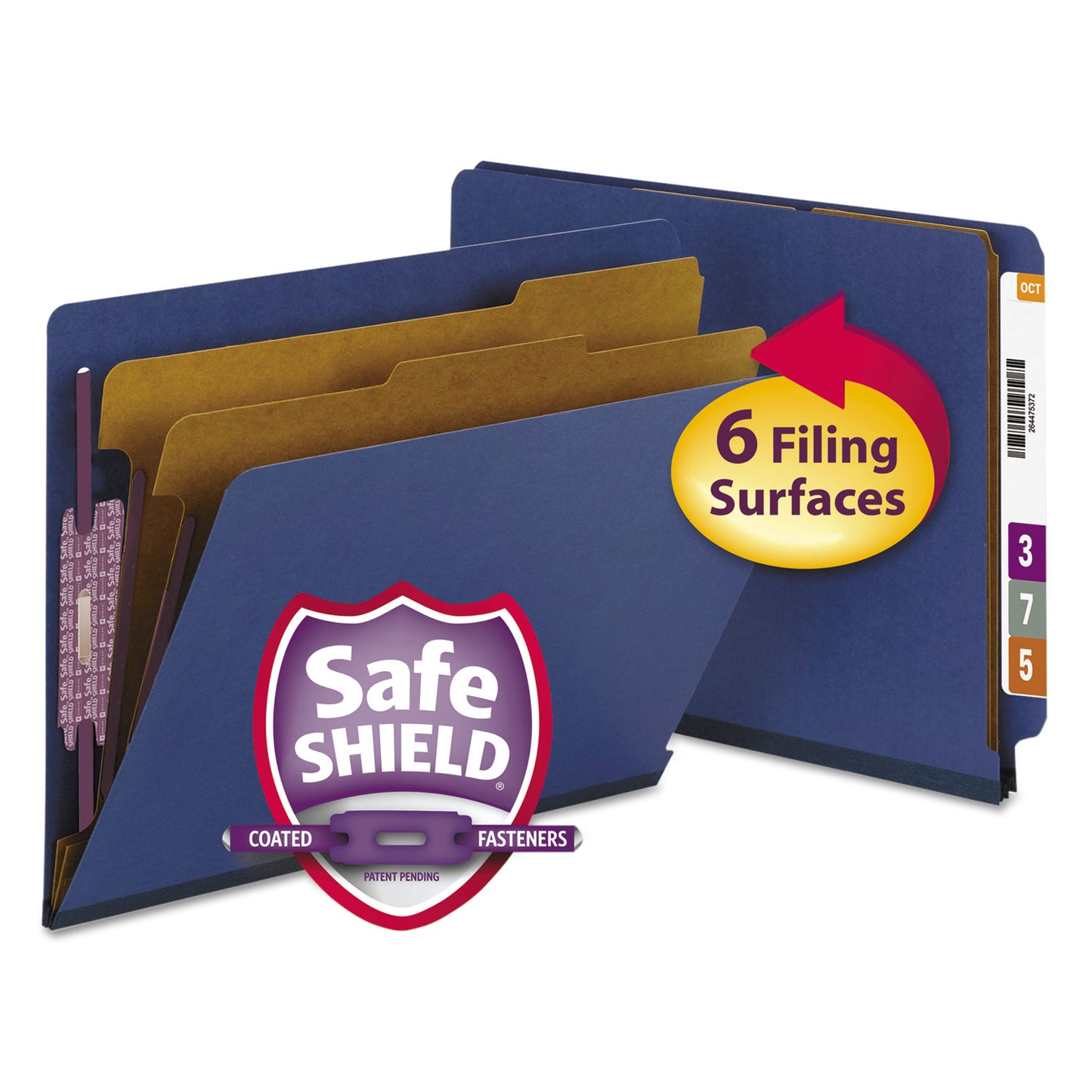 Smead End Tab Pressboard Classification Folders, Six SafeSHIELD Fasteners, 2" Expansion, 2 Dividers, Letter Size, Dark Blue, 10/Box (26784)