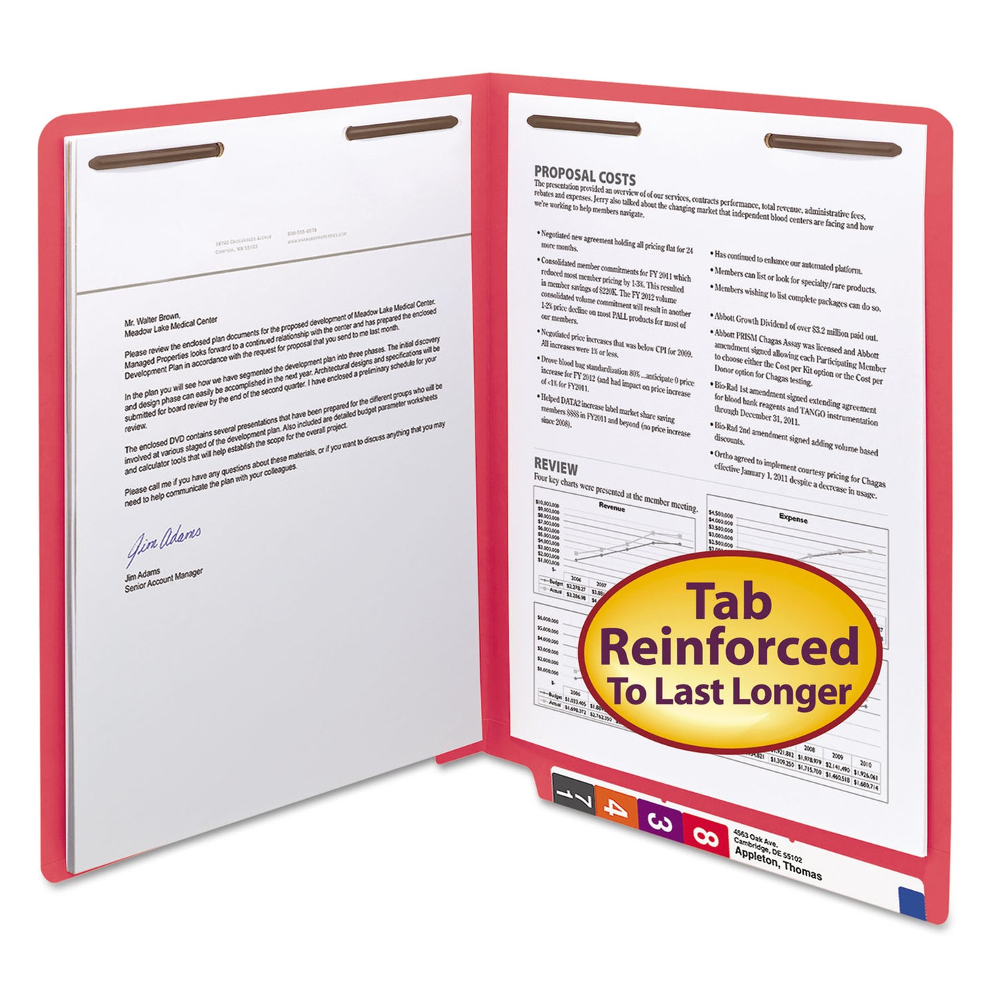 Smead Heavyweight Colored End Tab Fastener Folders, 0.75" Expansion, 2 Fasteners, Letter Size, Red Exterior, 50/Box (25740)