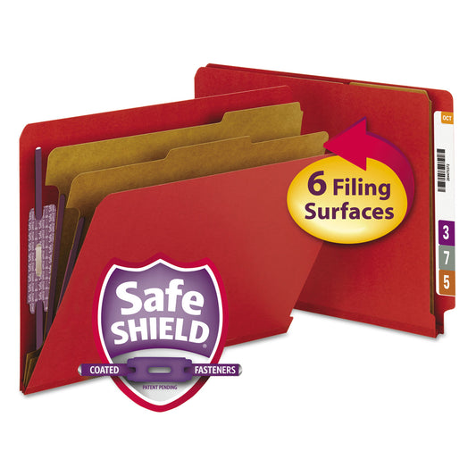 Smead End Tab Pressboard Classification Folders, Six SafeSHIELD Fasteners, 2" Expansion, 2 Dividers, Letter Size, Bright Red, 10/BX (26783)
