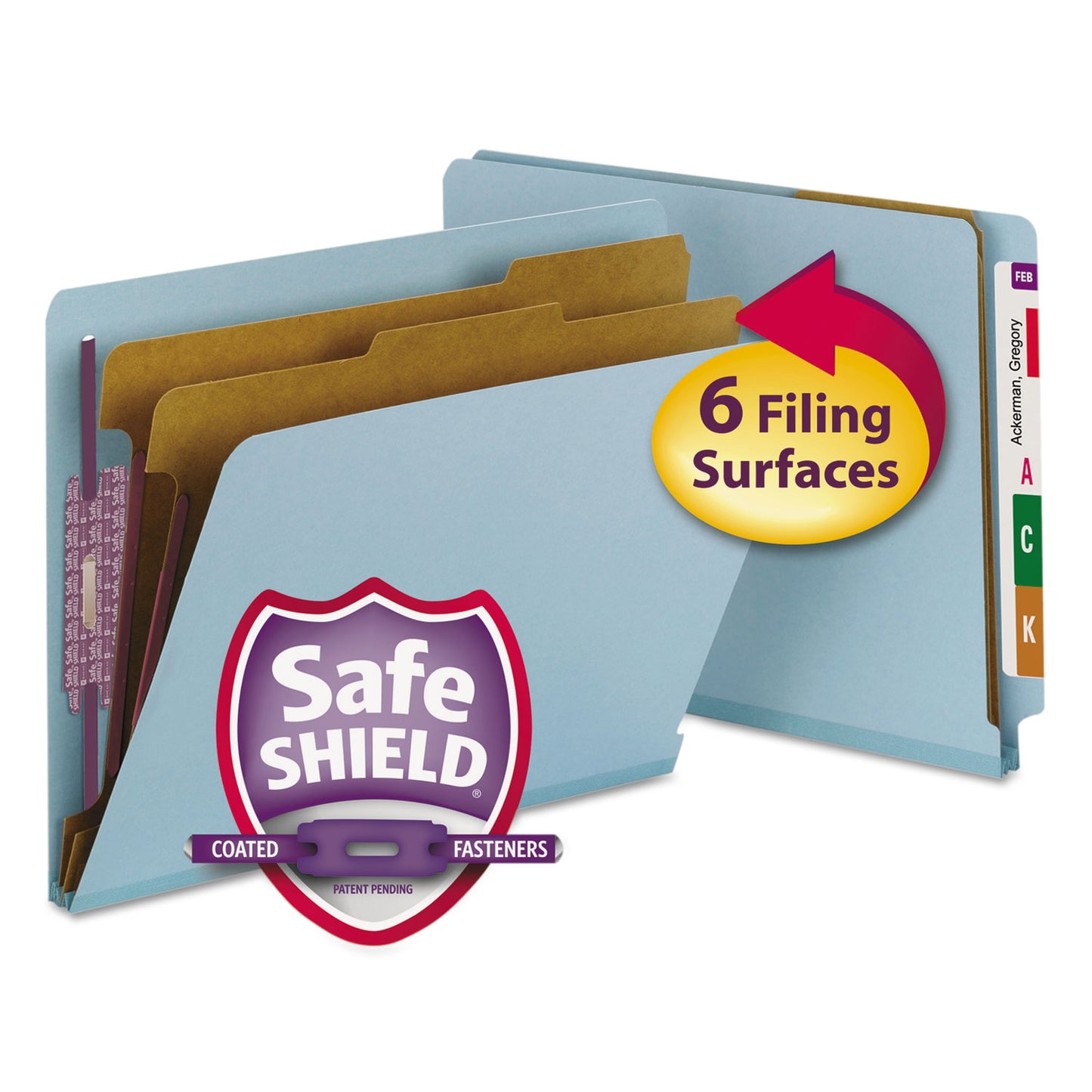 Smead End Tab Pressboard Classification Folders, Six SafeSHIELD Fasteners, 2" Expansion, 2 Dividers, Letter Size, Blue, 10/Box (26781)