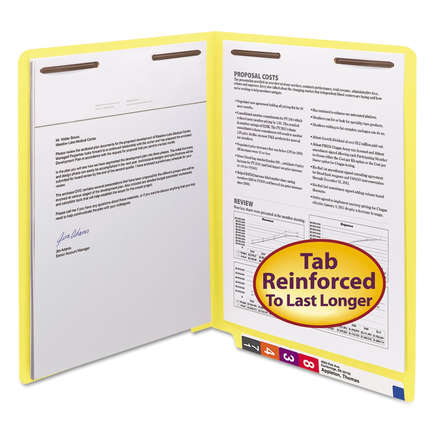 Smead Heavyweight Colored End Tab Fastener Folders, 0.75" Expansion, 2 Fasteners, Letter Size, Yellow Exterior, 50/Box (25940)
