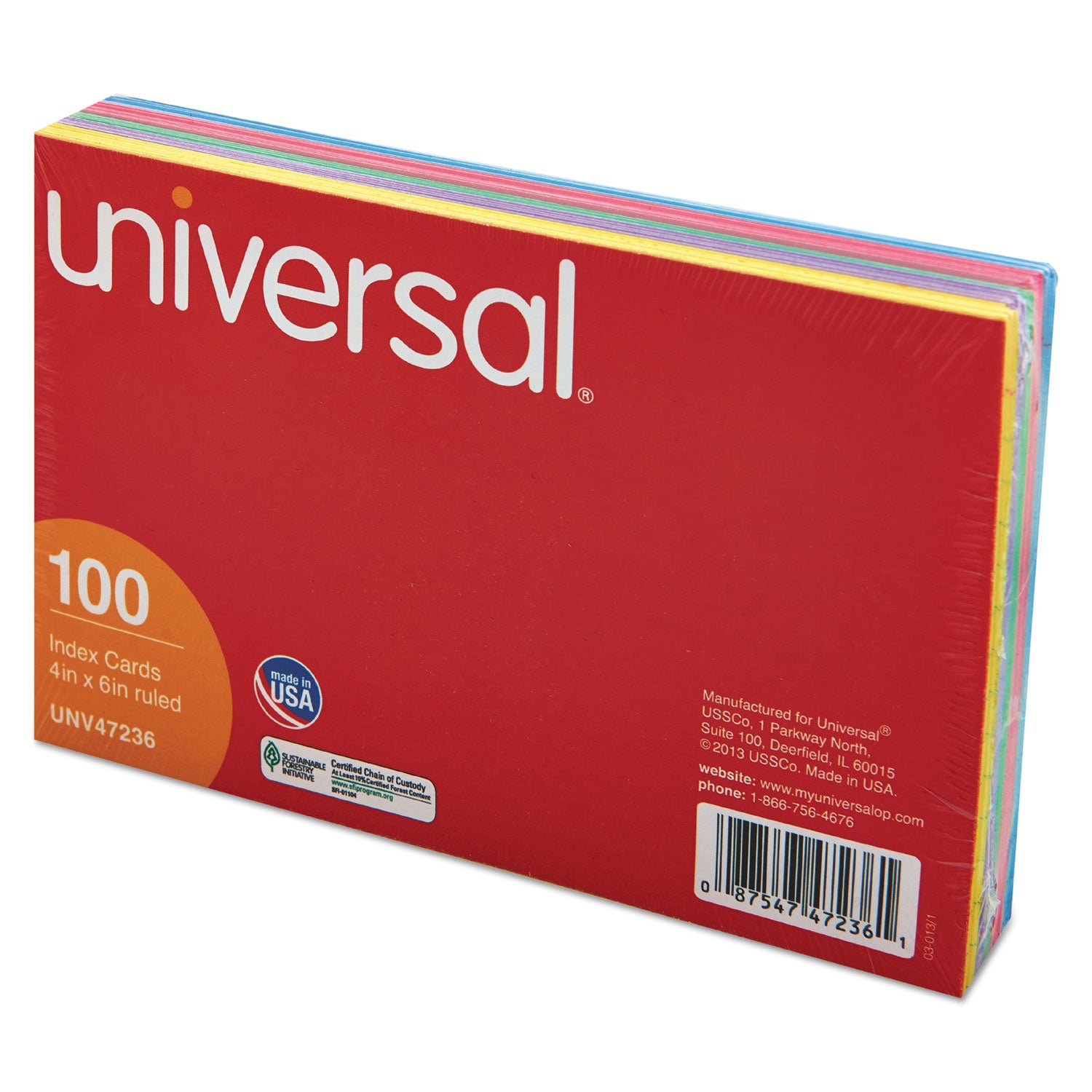 Universal Index Cards, Ruled, 4 x 6, Assorted, 100/Pack (47236)