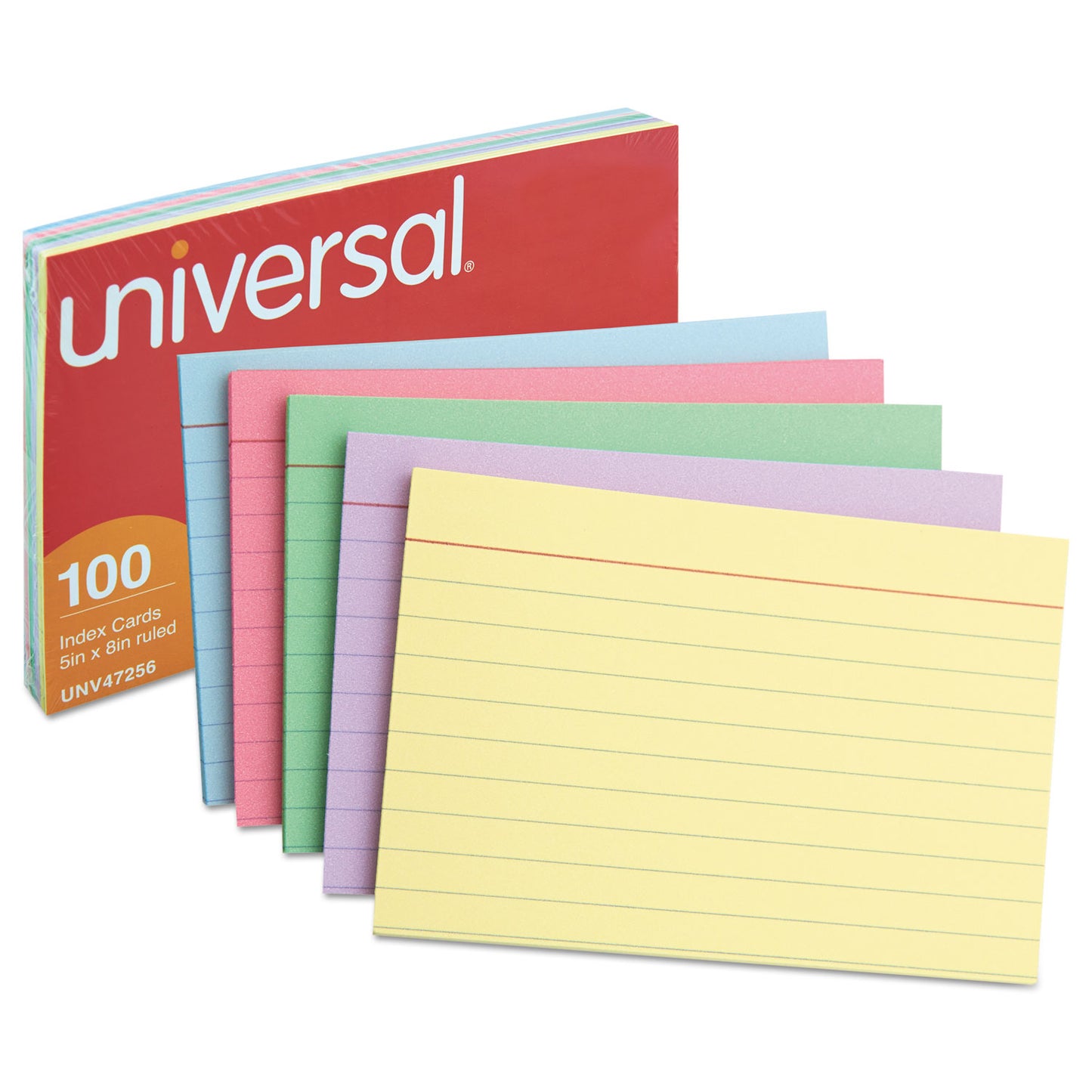 Universal Index Cards, Ruled, 5 x 8, Assorted, 100/Pack (47256)