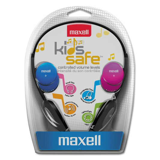 Maxell Kids Safe Headphones, 4 ft Cord, Black with Interchangeable Pink/Blue/Silver Caps (190338)