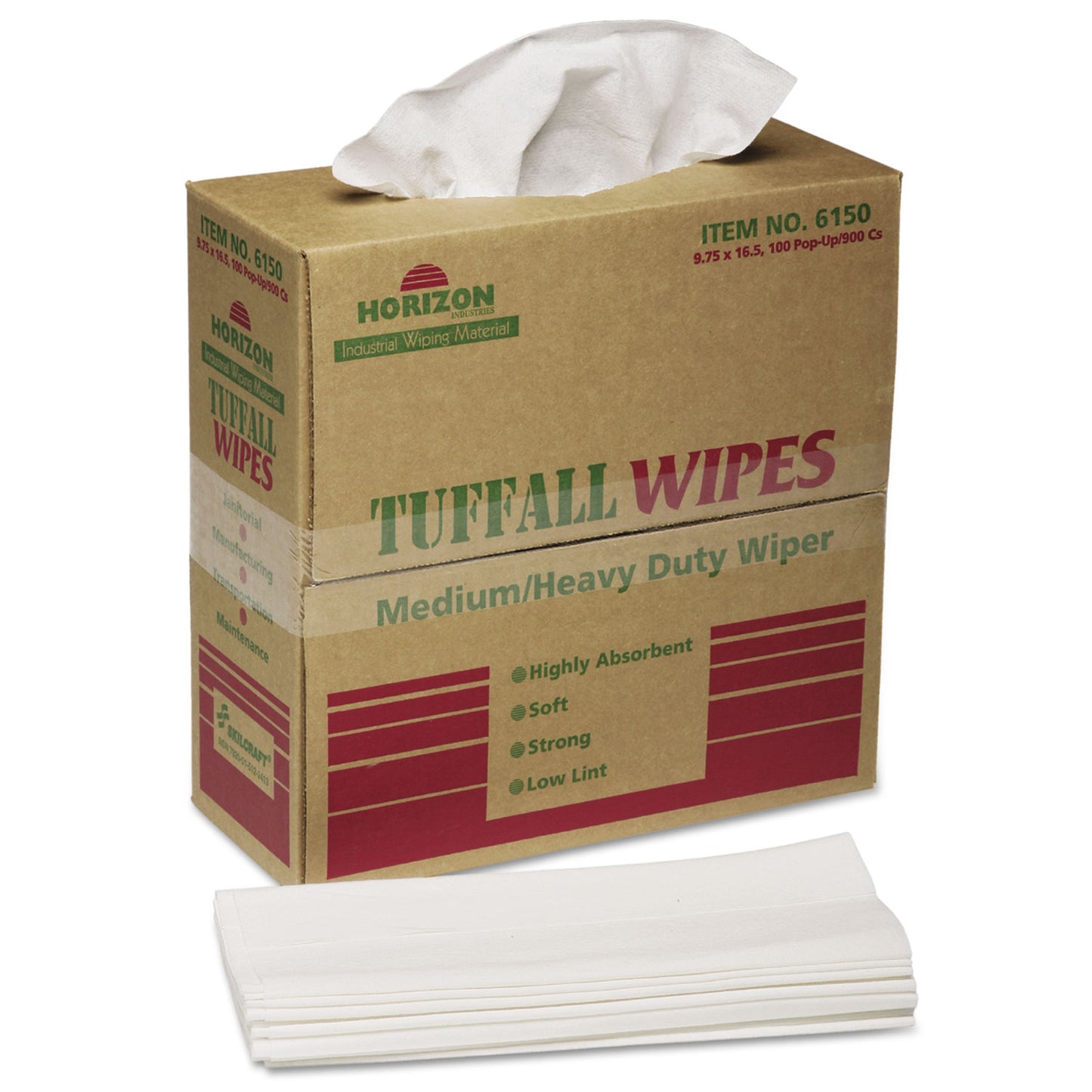 AbilityOne 7920015122413, SKILCRAFT Tuffall Wipes, 1-Ply, 9.75 x 16.75, White, 100/Box