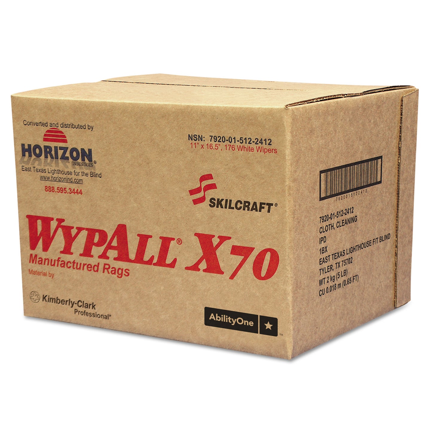 AbilityOne 7920015122412, SKILCRAFT WYPALL X70 Rags, 11 x 16.5, White, 174/Box