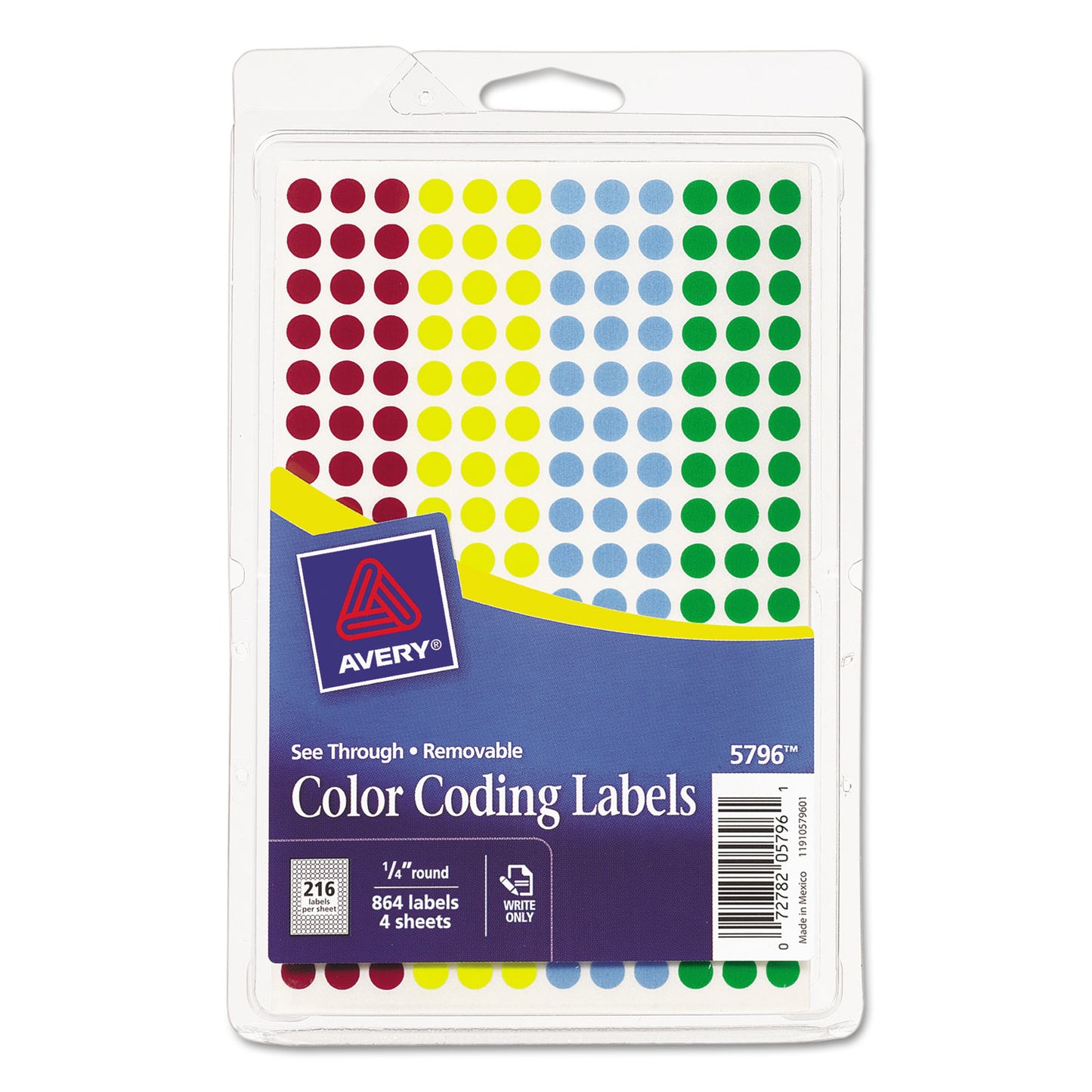 Avery Handwrite-Only Self-Adhesive "See Through" Removable Round Color Dots, 0.25" dia, Assorted, 216/Sheet, 4 Sheets/Pack, (5796) (05796)