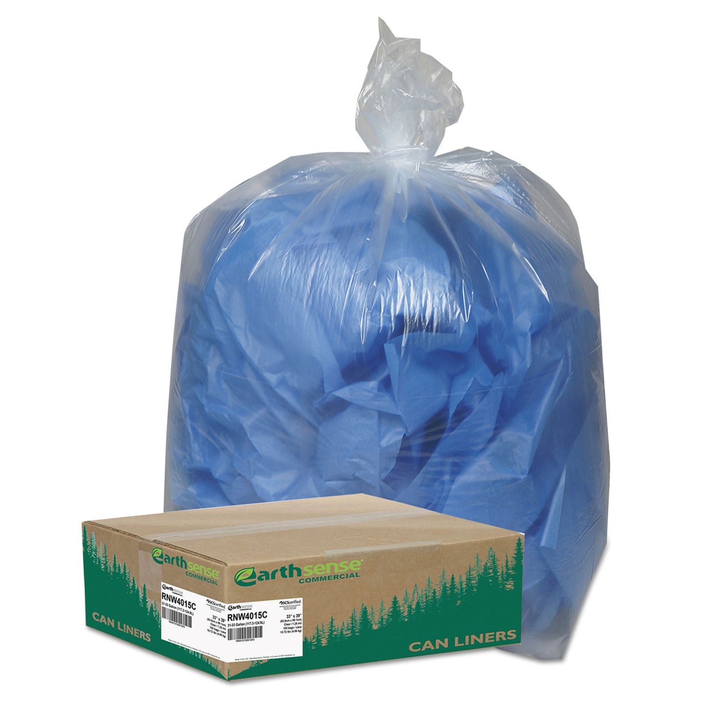 Earthsense Linear Low Density Clear Recycled Can Liners, 33 gal, 1.25 mil, 33" x 39", Clear, 10 Bags/Roll, 10 Rolls/Carton (RNW4015C)