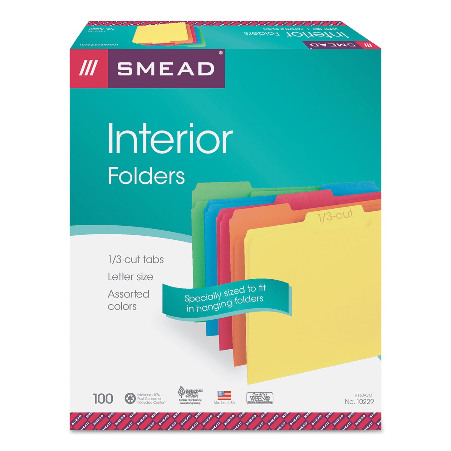 Smead Interior File Folders, 1/3-Cut Tabs: Assorted, Letter Size, 0.75" Expansion, Assorted Colors, 100/Box (10229)