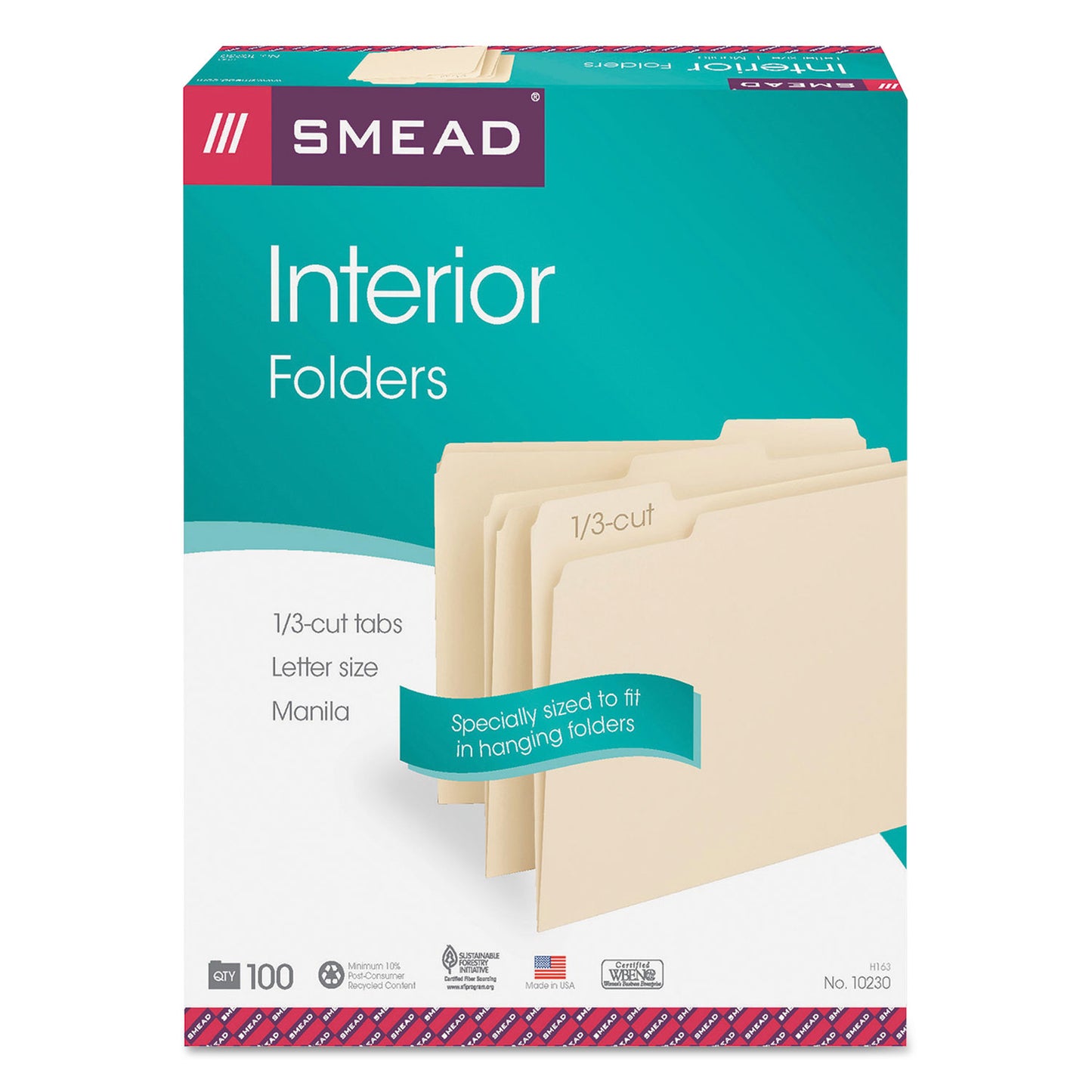 Smead Interior File Folders, 1/3-Cut Tabs: Assorted, Letter Size, 0.75" Expansion, Manila, 100/Box (10230)
