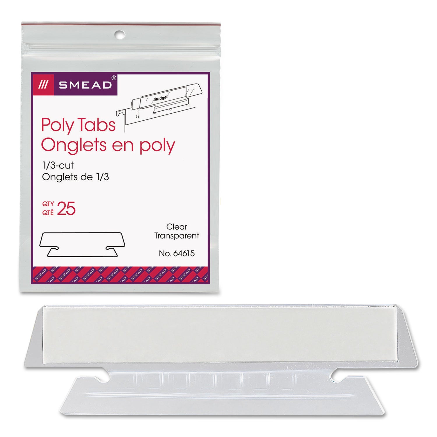 Smead Poly Index Tabs and Inserts For Hanging File Folders, 1/3-Cut, White/Clear, 3.5" Wide, 25/Pack (64615)