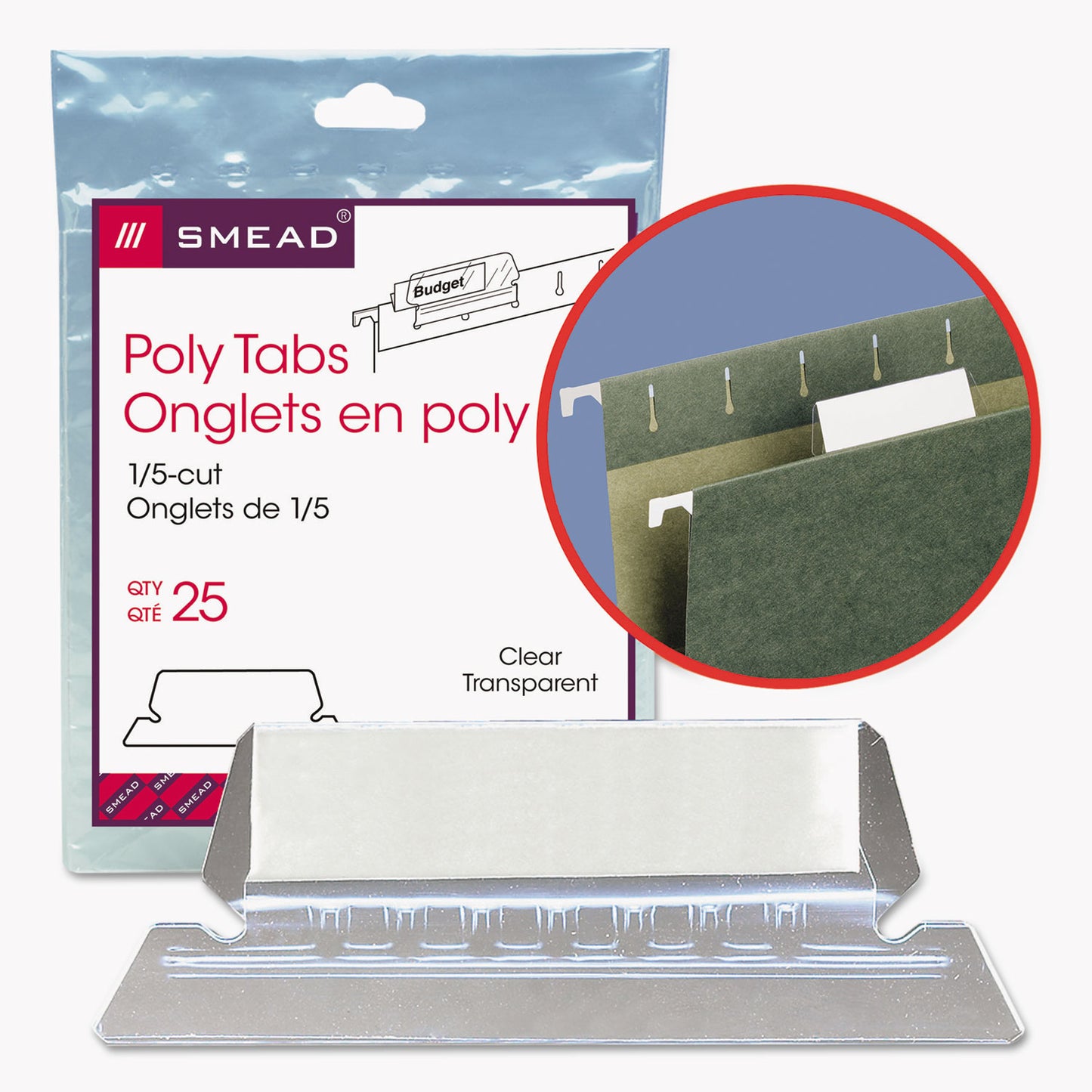 Smead Poly Index Tabs and Inserts For Hanging File Folders, 1/5-Cut, White/Clear, 2.25" Wide, 25/Pack (64600)