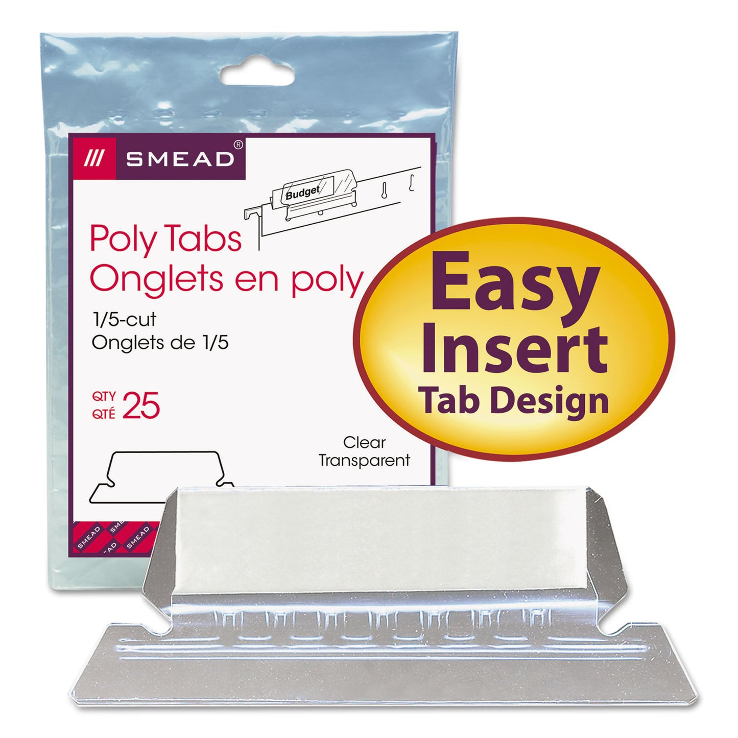 Smead Poly Index Tabs and Inserts For Hanging File Folders, 1/5-Cut, White/Clear, 2.25" Wide, 25/Pack (64600)