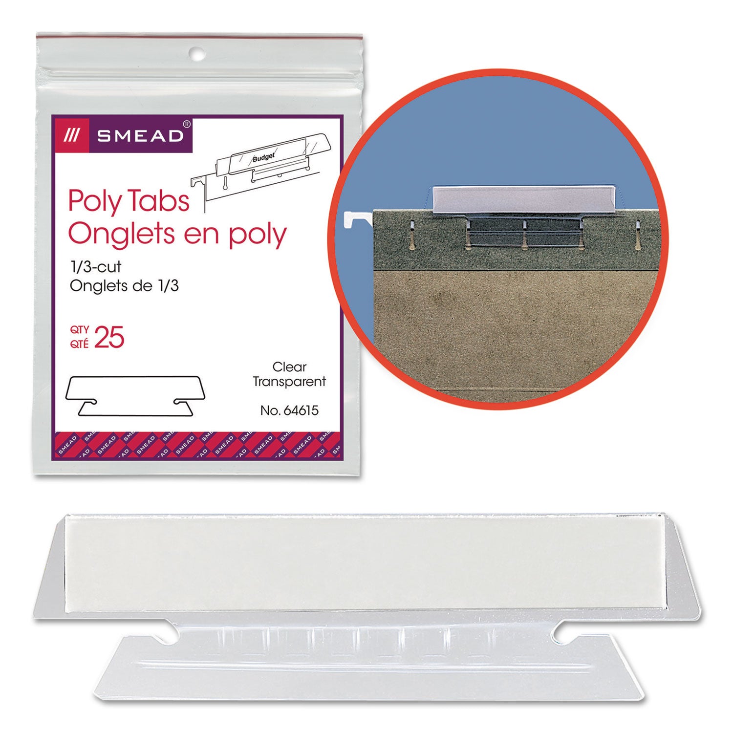 Smead Poly Index Tabs and Inserts For Hanging File Folders, 1/3-Cut, White/Clear, 3.5" Wide, 25/Pack (64615)