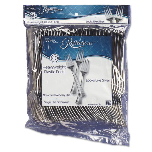 WNA Reflections Heavyweight Plastic Utensils, Fork, Silver, 7", 40/Pack, 8 Packs/Carton (REF320FK)