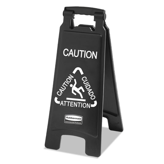 Rubbermaid Commercial Executive 2-Sided Multi-Lingual Caution Sign, Black/White, 10.9 x 26.1 (1867505)