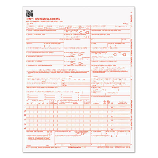 TOPS CMS-1500 Medicare/Medicaid Forms for Laser Printers, One-Part (No Copies), 8.5 x 11, 500 Forms Total (50126RV)