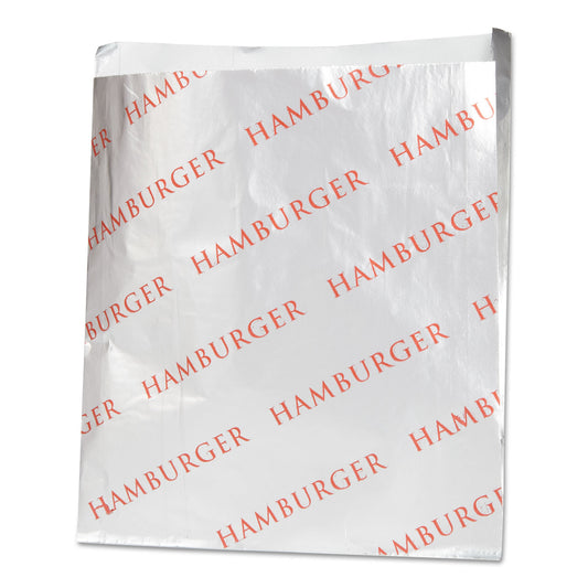 Bagcraft Foil Single-Serve Bags, Hamburger Labeling, 6" x 0.75" x 6.5", Silver/Red, 1,000/Carton (300527)