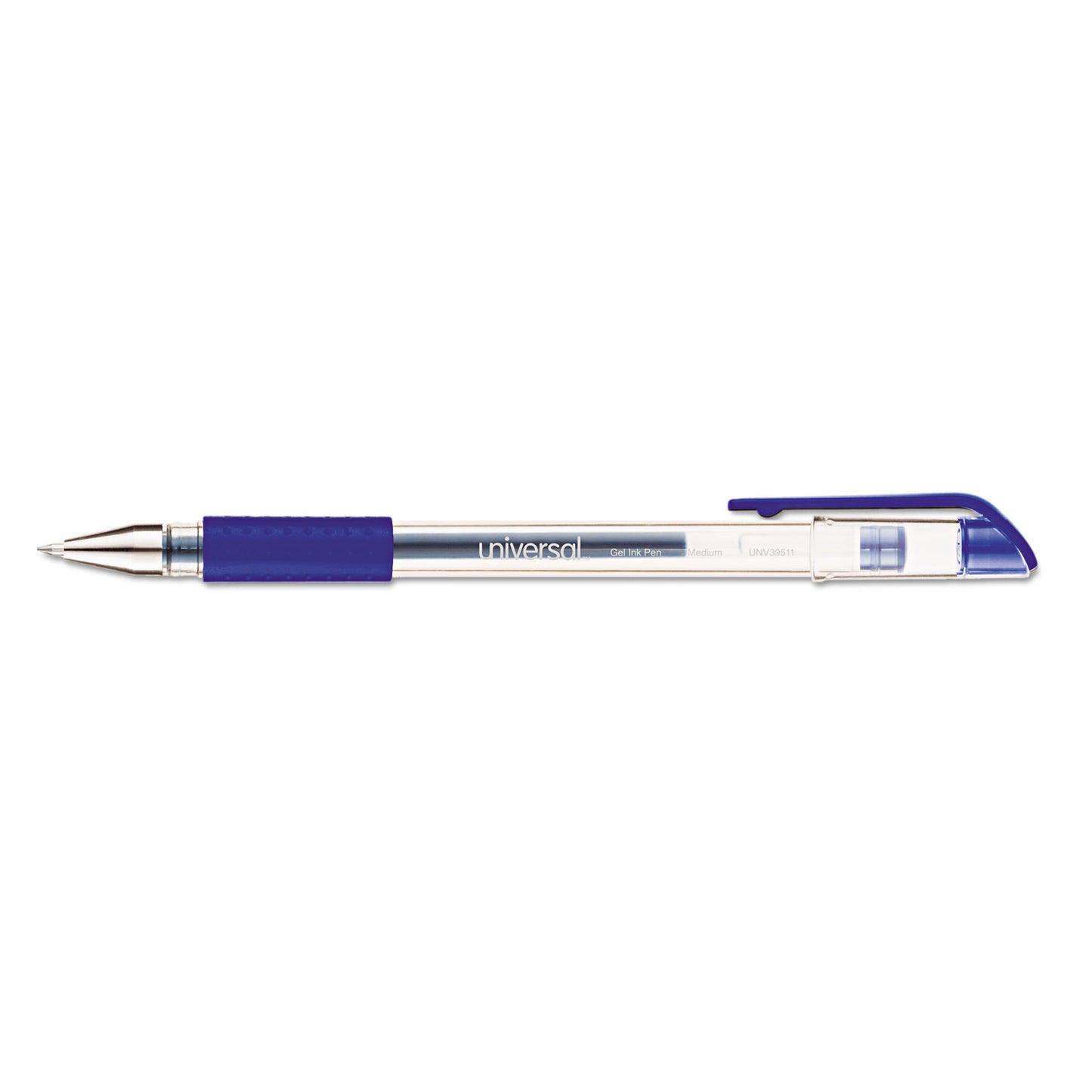 Universal Comfort Grip Gel Pen, Stick, Medium 0.7 mm, Blue Ink, Clear/Blue Barrel, Dozen (39511)