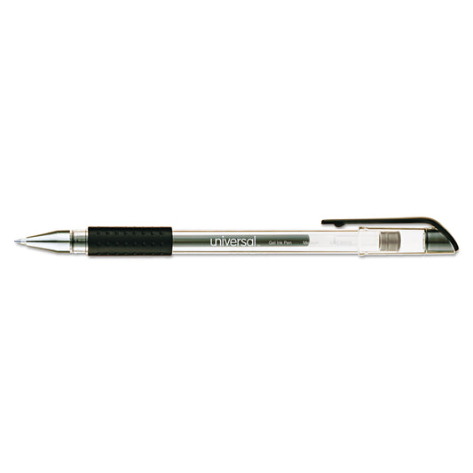 Universal Comfort Grip Gel Pen, Stick, Medium 0.7 mm, Black Ink, Clear/Black Barrel, Dozen (39510)