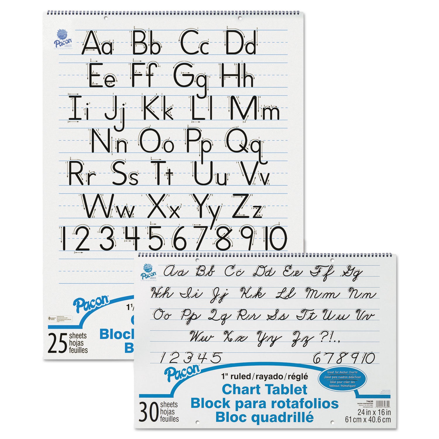 Pacon Chart Tablets, Presentation Format (1" Rule), 24 x 16, White, 30 Sheets (74630)