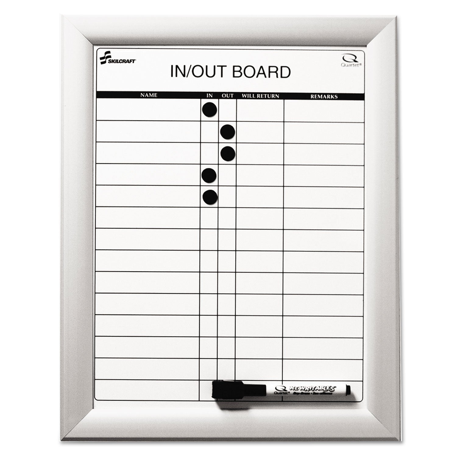 AbilityOne 7520014845261, SKILCRAFT Magnetic In/Out Board, Up to 14 Employees, 11 x 14, White Surface, Anodized Aluminum Frame